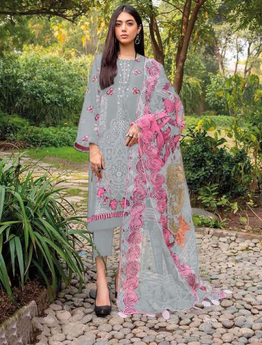 Pakistani Grey Cotton Suits Material with Chiffon Dupatta