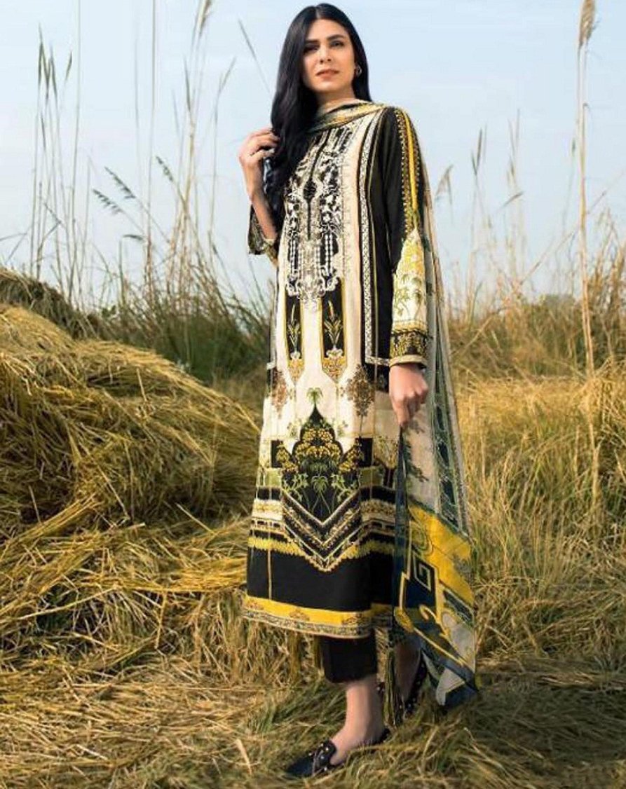 Pakistani Lawn Cotton Black Unstitched Salwar Kameez Suit - Stilento
