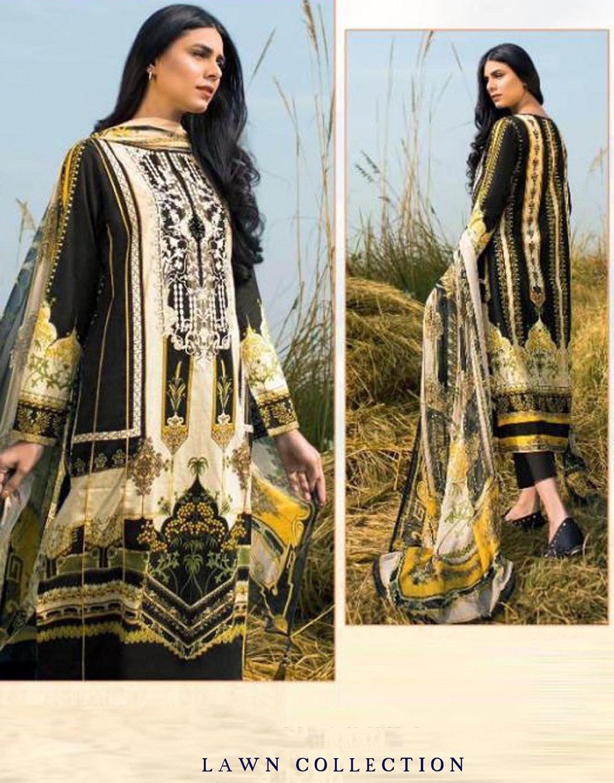Pakistani Lawn Cotton Black Unstitched Salwar Kameez Suit - Stilento