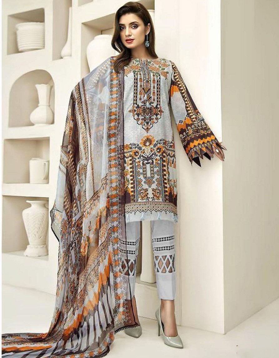 Pakistani Lawn Cotton Off-White Unstitched Salwar Kameez Suit - Stilento
