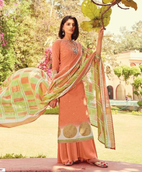 Pakistani Lawn Cotton Orange Unstitched Suit Dress Material for Women - Stilento