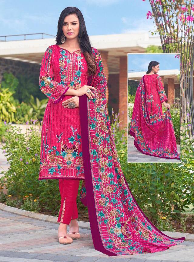 Pakistani Lawn Cotton Unstitched Suit Dress Material Pink - Stilento