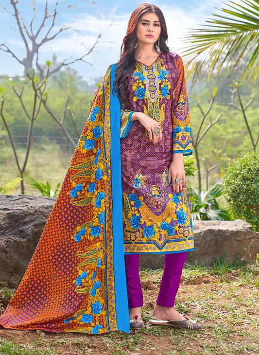 Pakistani Lawn Cotton Unstitched Suit Dress Material Purple