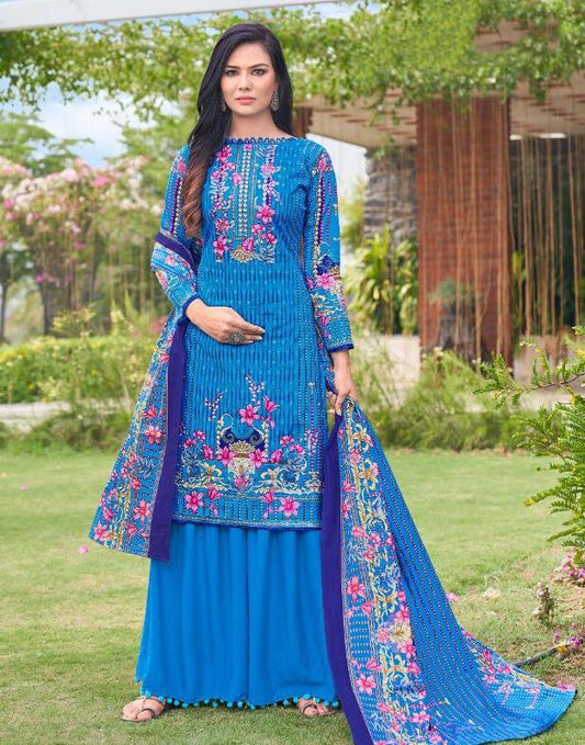 Pakistani Lawn Cotton Unstitched Suits Dress Material Blue