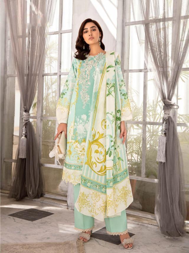 Pakistani Light Blue Cotton Suit Material for women with Chiffon Dupatta - Stilento