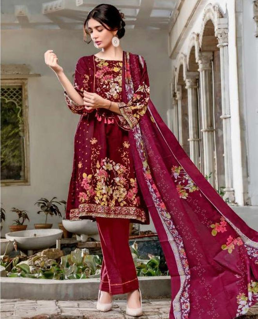 Pakistani Maroon Cotton Salwar Kameez Dress Material