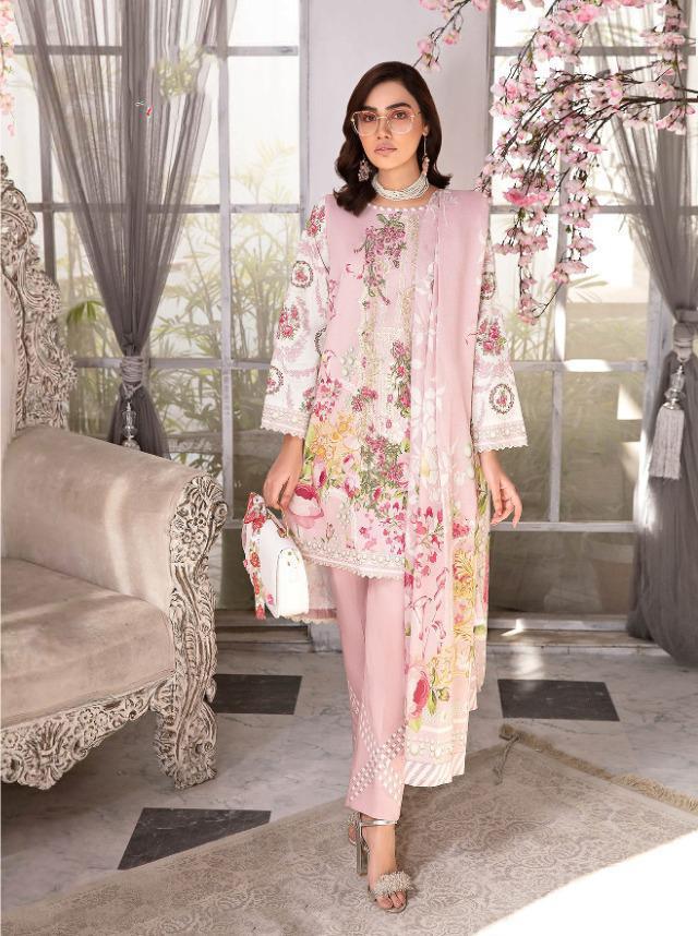 Pakistani Pink Cotton Suit Material for women with Chiffon Dupatta - Stilento