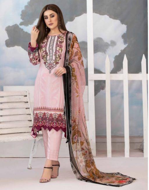 Pakistani Pink Jam Satin Cotton Printed Dress Material for Ladies - Stilento