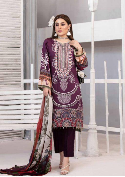 Pakistani Purple Jam Satin Unstitched Cotton Suits for Women - Stilento