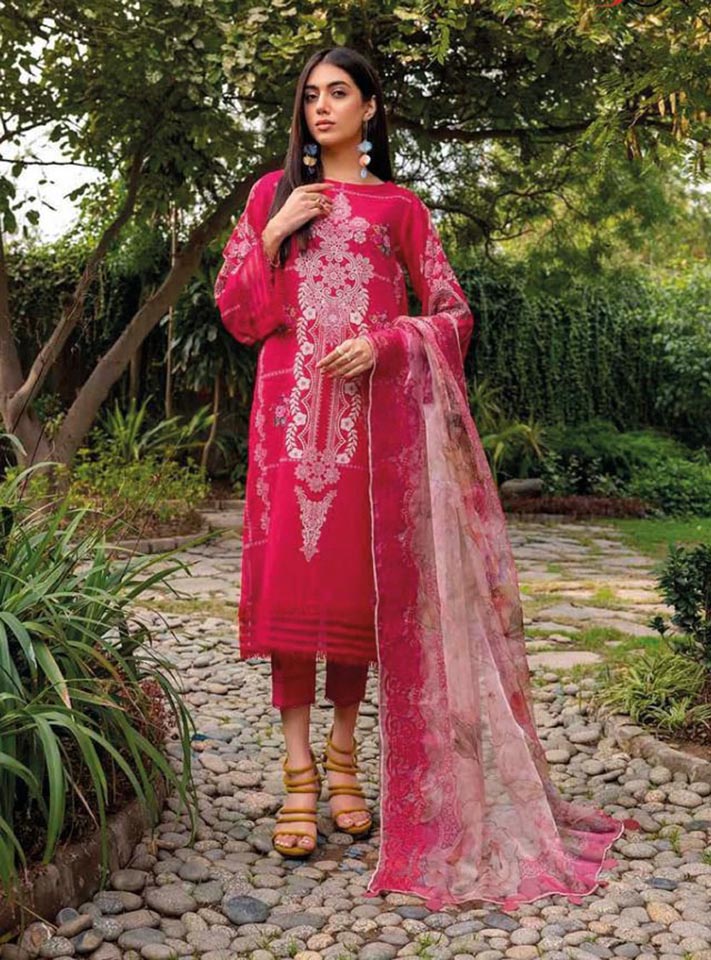 Pakistani Red Cotton Suits Material with Chiffon Dupatta - Stilento