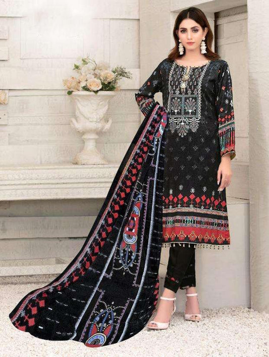 Pakistani Style Lawn Cotton Unstitched Black Suit Material for Women
