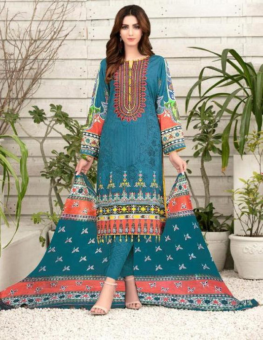 Pakistani Style Lawn Cotton Unstitched Blue Suit Material for Women