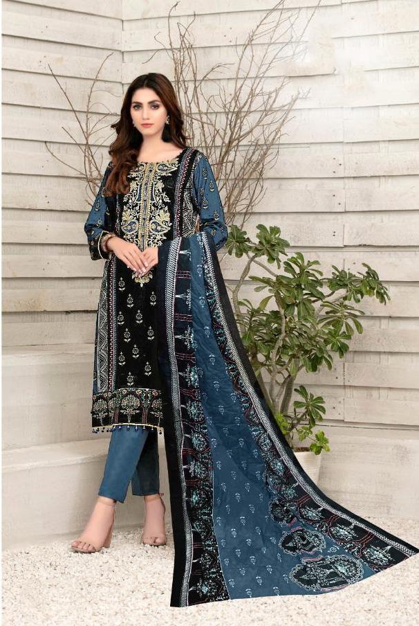 Pakistani Style Lawn Cotton Unstitched Blue Suit Material for Women - Stilento