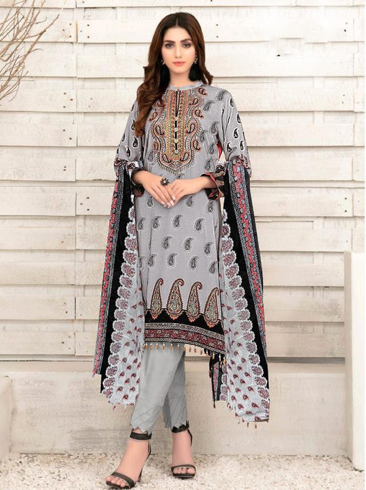 Pakistani Style Lawn Cotton Unstitched Grey Suit Material for Women