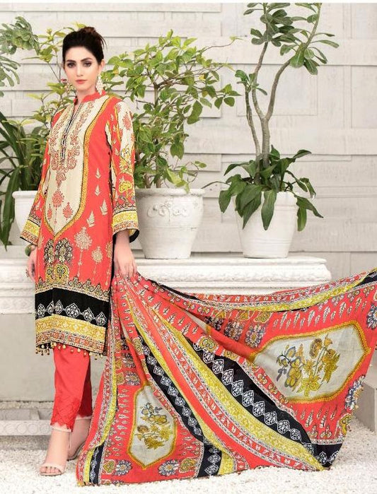 Pakistani Style Lawn Cotton Unstitched Orange Suit Material for Women