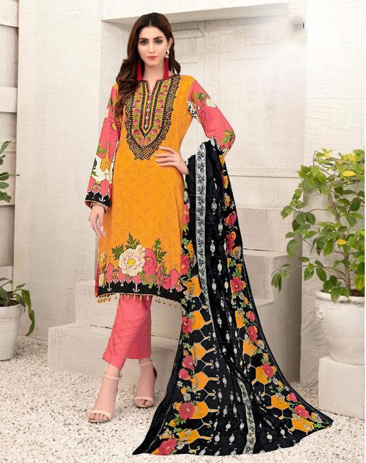 Pakistani Style Lawn Cotton Unstitched Yellow Suit Material for Women