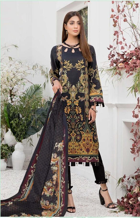 Pakistani Style Lawn Fabric Black Printed Suit Material Women