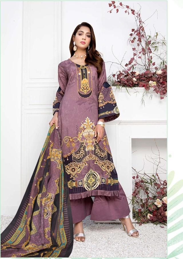Pakistani Style Lawn Fabric Purple Printed Suits Material for women - Stilento