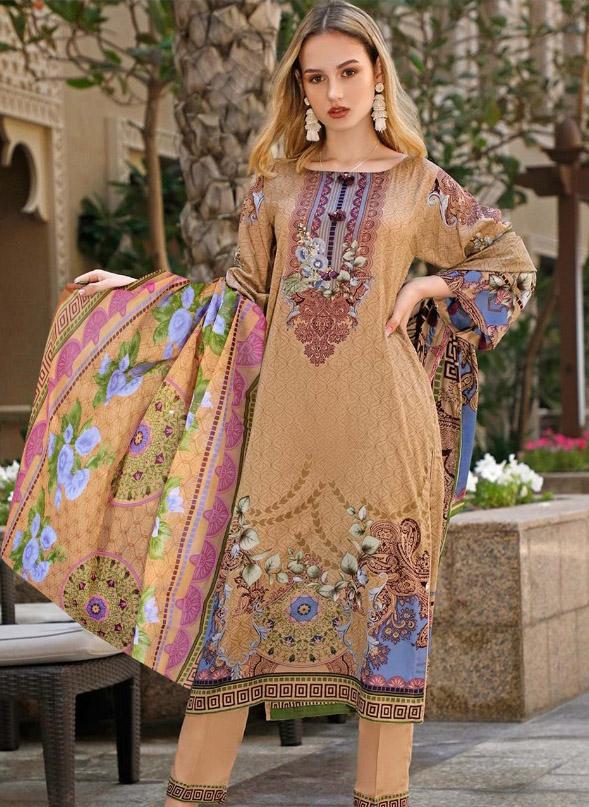 Pakistani Style Unstitched Beige Lawn Cotton Suit Material - Stilento