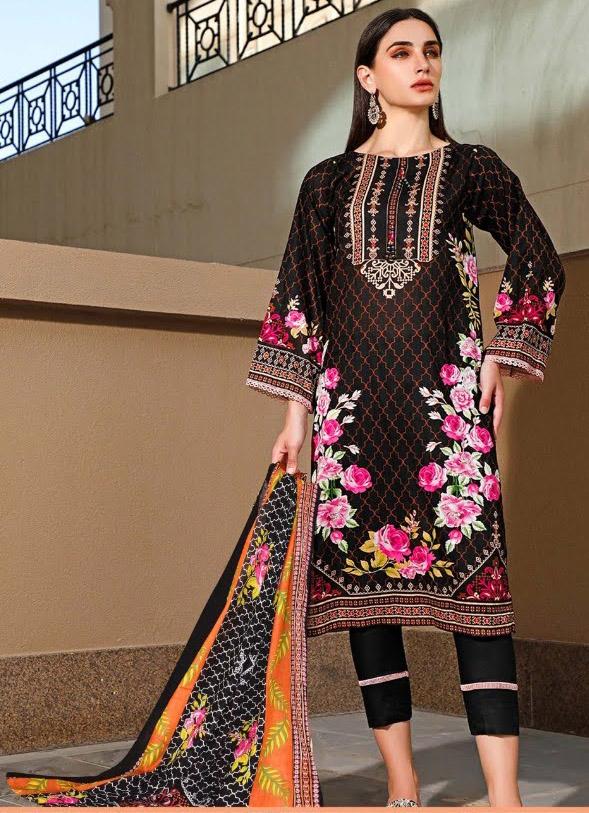 Pakistani Style Unstitched Black Lawn Cotton Suit Material - Stilento
