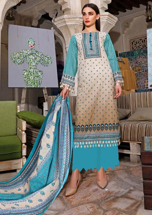 Pakistani Style Unstitched Blue Lawn Cotton Suit Set