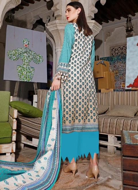 Pakistani Style Unstitched Blue Lawn Cotton Suit Set - Stilento