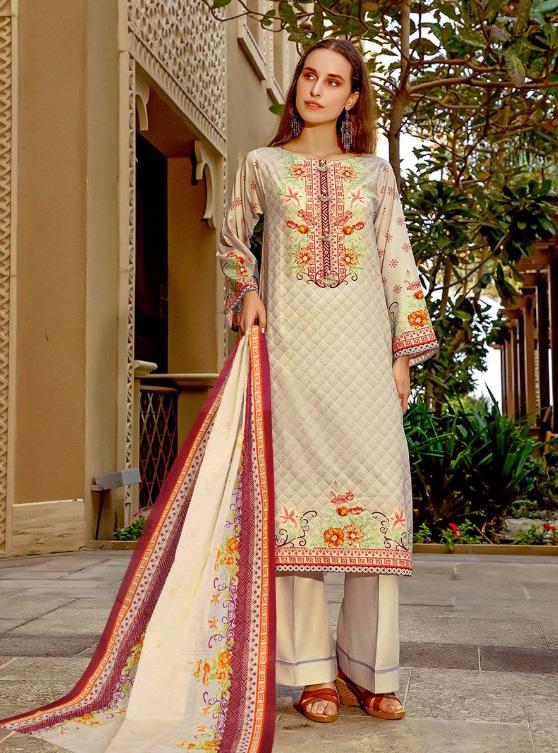 Pakistani Style Unstitched Brown Lawn Cotton Suit Set - Stilento