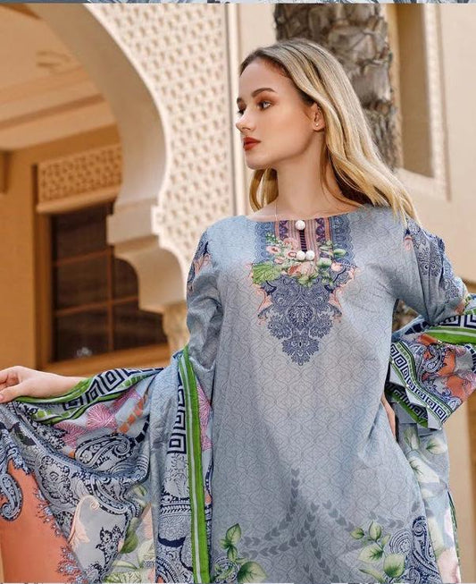 Pakistani Style Unstitched Grey Blue Lawn Cotton Suit Material