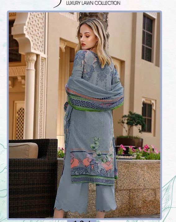 Pakistani Style Unstitched Grey Blue Lawn Cotton Suit Material - Stilento