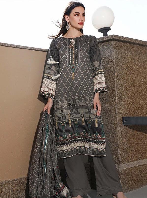 Pakistani Style Unstitched Grey Lawn Cotton Suit Material - Stilento