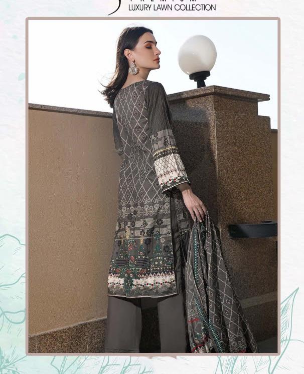 Pakistani Style Unstitched Grey Lawn Cotton Suit Material - Stilento