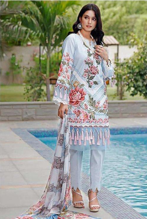 Pakistani Style Unstitched Light Blue Lawn Cotton Suit