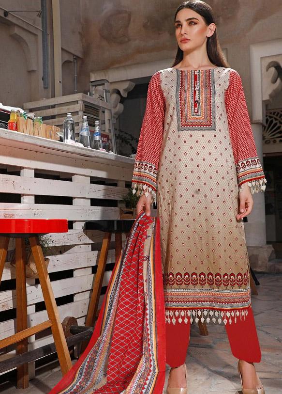 Pakistani Style Unstitched Red Lawn Cotton Suit Material - Stilento