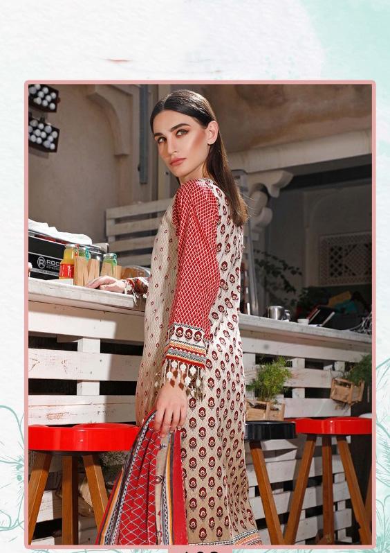 Pakistani Style Unstitched Red Lawn Cotton Suit Material - Stilento