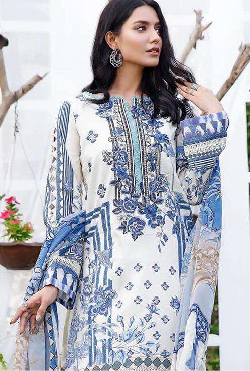 Pakistani Style Unstitched White Lawn Cotton Suit - Stilento