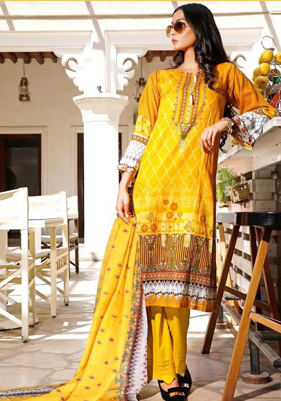 Pakistani Style Unstitched Yellow Lawn Cotton Suit Material - Stilento
