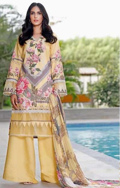 Pakistani Style Unstitched Yellow Lawn Cotton Suit - Stilento