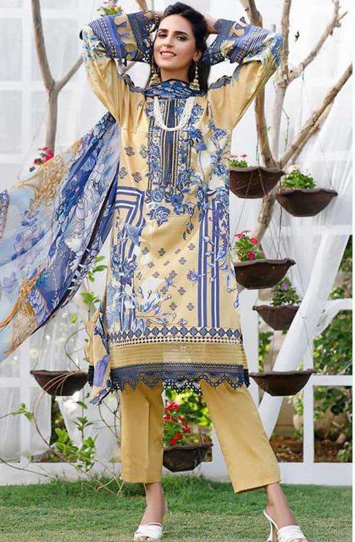 Pakistani Style Unstitched Yellow Lawn Cotton Suit