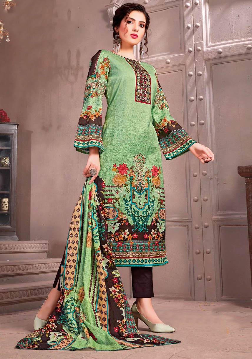 Pakistani Unstitched Green Lawn Cotton Suit - Stilento