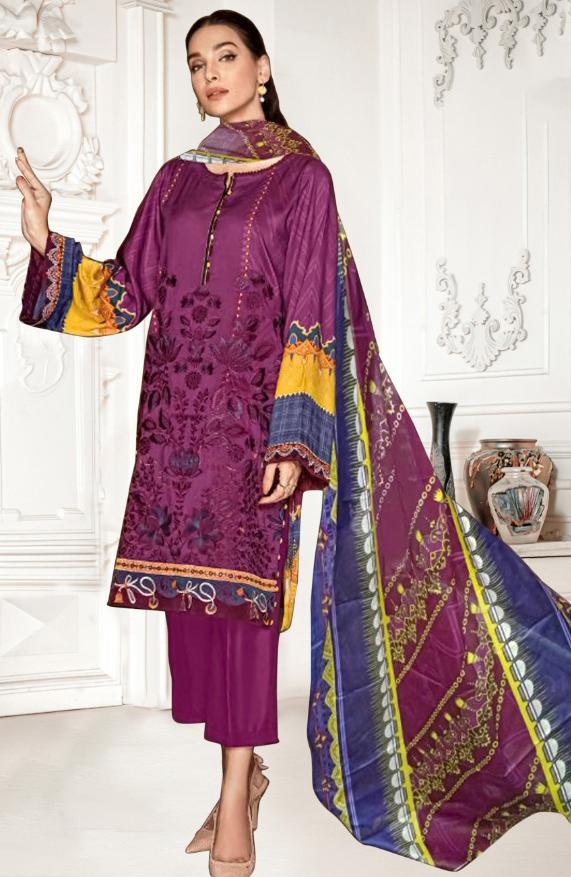Pakistani Unstitched Purple salwar kameez Cotton Dress Material - Stilento