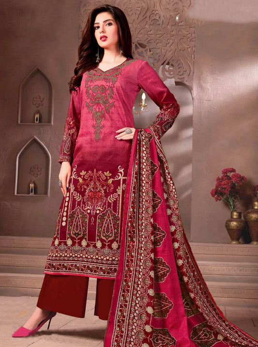 Pakistani Unstitched Red Lawn Cotton Suit
