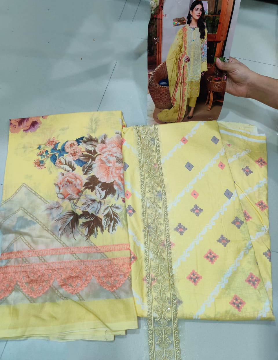 Pakistani Yellow Cotton Suits Material with Chiffon Dupatta - Stilento