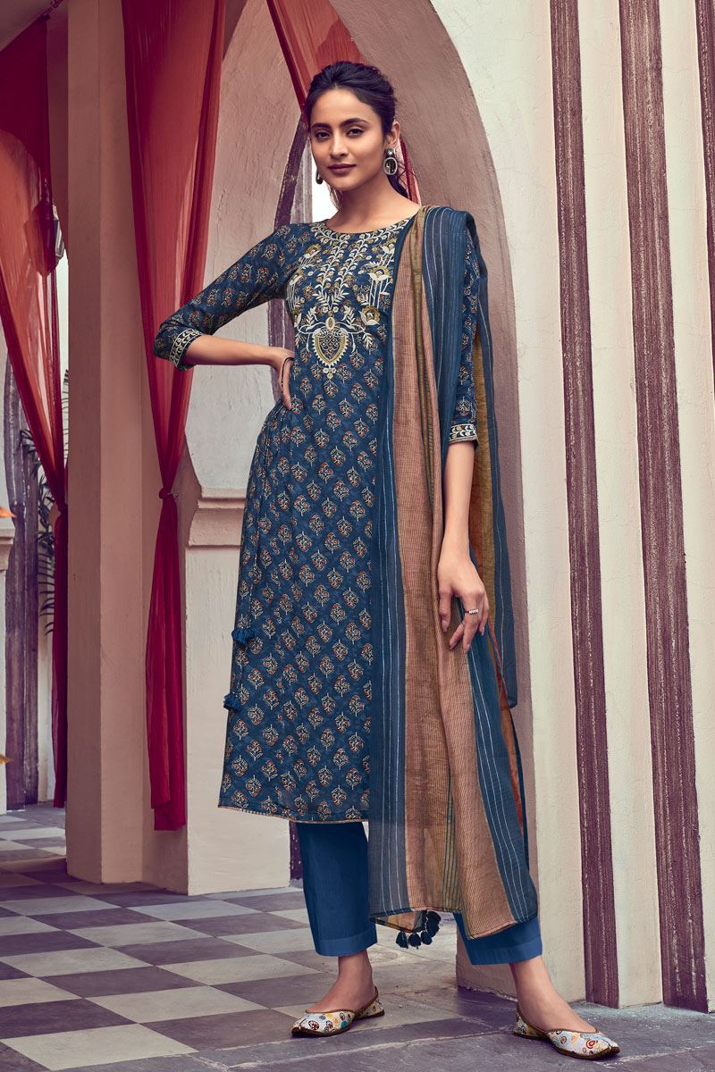 Party Wear Blue Unstitched Silk salwar suit Material with Embroidery - Stilento