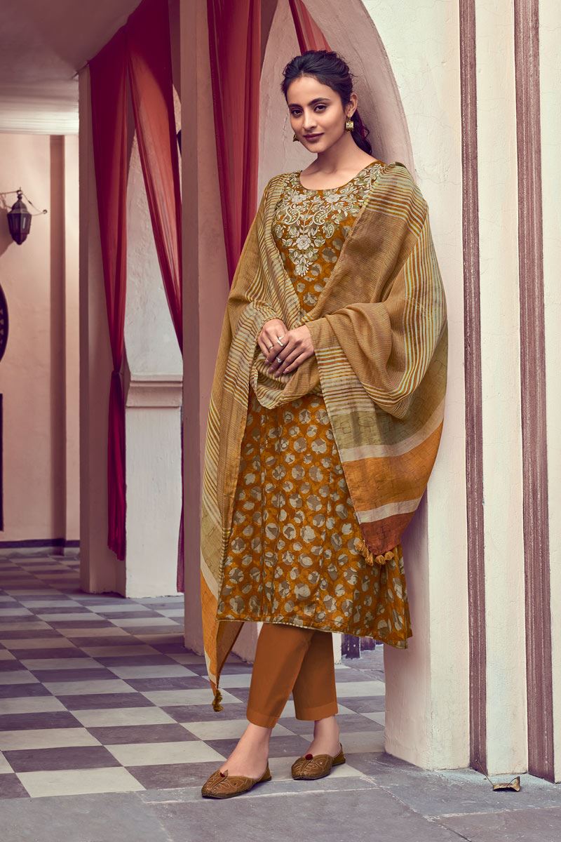 Party Wear Brown Unstitched Silk salwar suit Material with Embroidery - Stilento