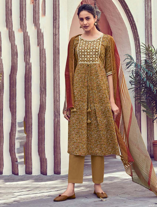 Party Wear Brown Unstitched Silk salwar suit Material with Embroidery