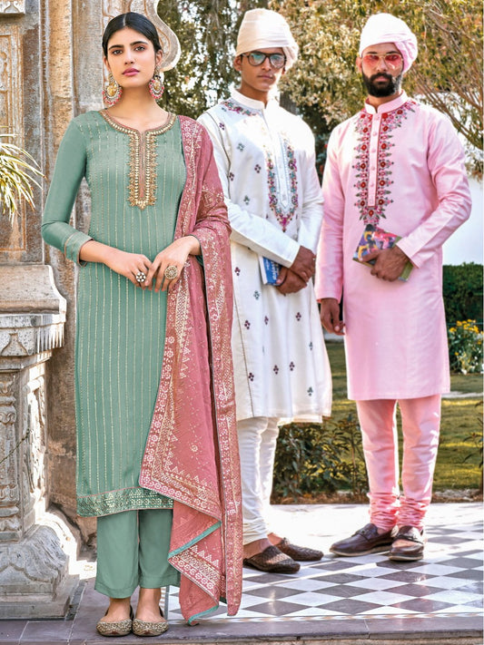 Party Wear Green Chinon Semi Stitched Embroidered Suit Set for Ladies