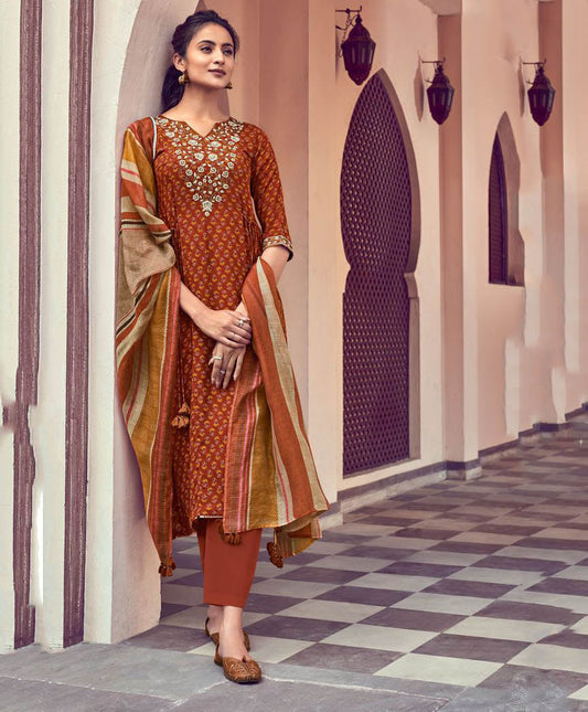 Party Wear Red Unstitched Silk salwar suit Material with Embroidery