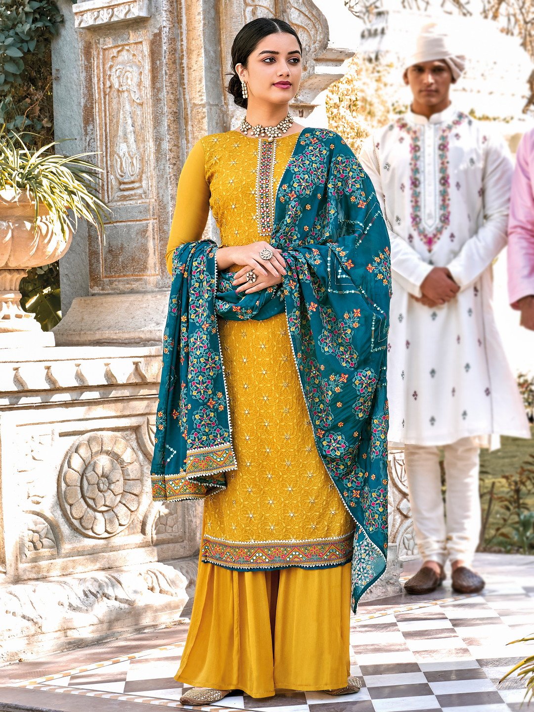 Party Wear Yellow Chinon Semi Stitched Embroidered Suit Set For Women - Stilento