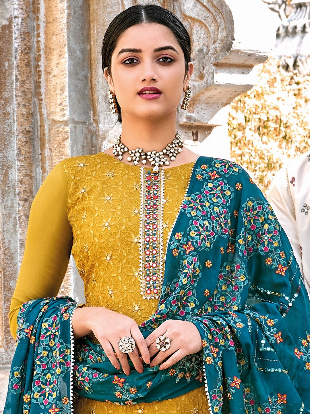 Party Wear Yellow Chinon Semi Stitched Embroidered Suit Set For Women –  Stilento