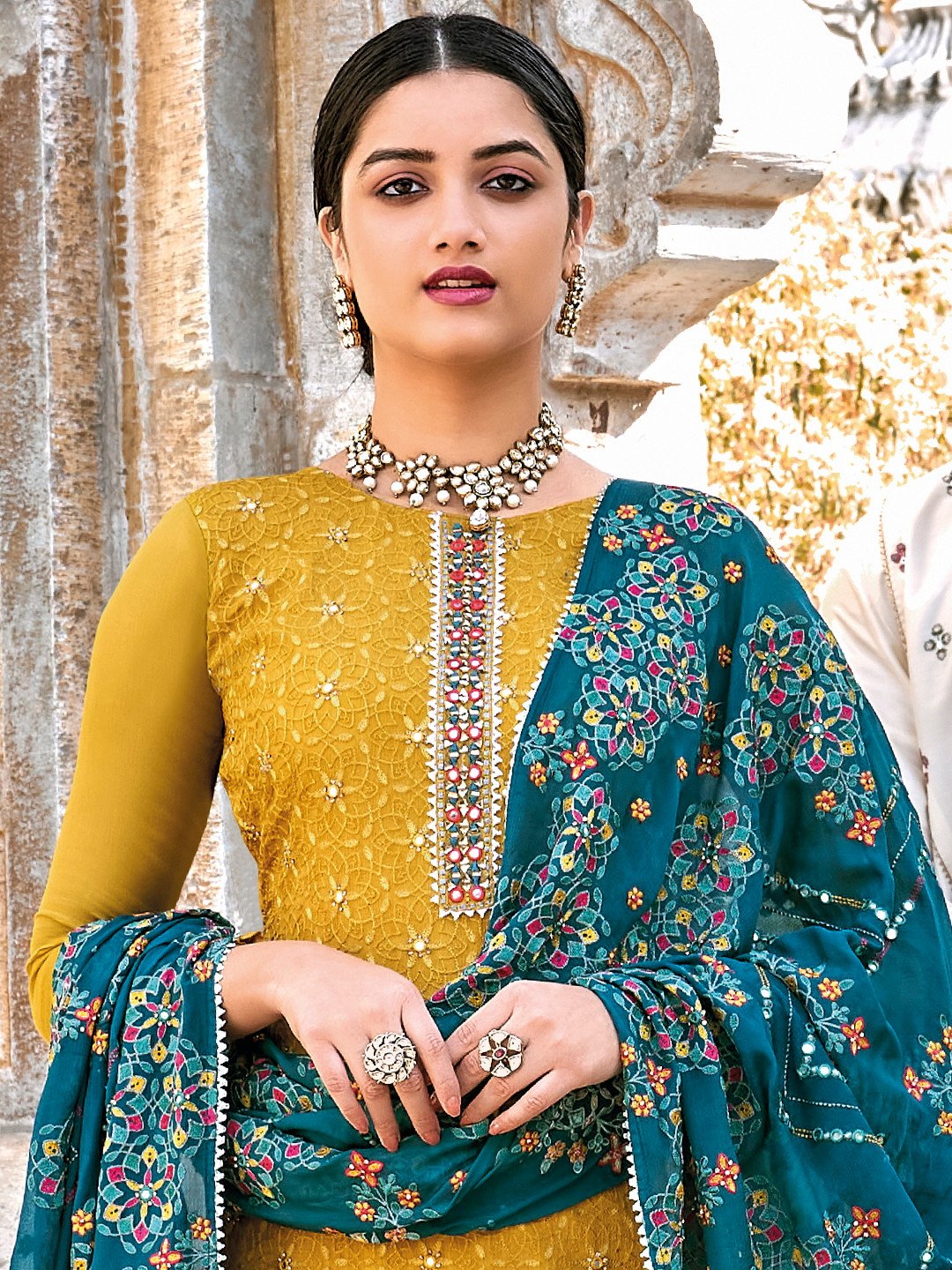 Party Wear Chinon Semi-Stitched Embroidered Suit Dress Material